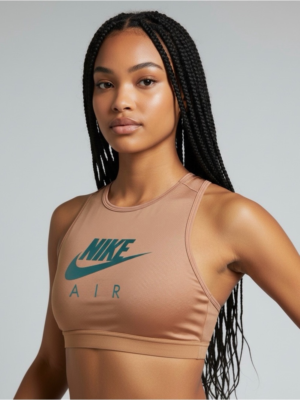 Nike Air Tan High-Neck Dual Support Sports Bra Crop Top with Gunmetal Logo